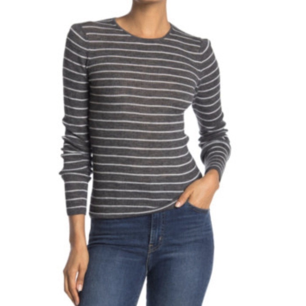 NWT $235 Vince 100% Wool Stripe Rib Knit Shirt CARBON/OFF WHITE Medium Luxury - Picture 1 of 9